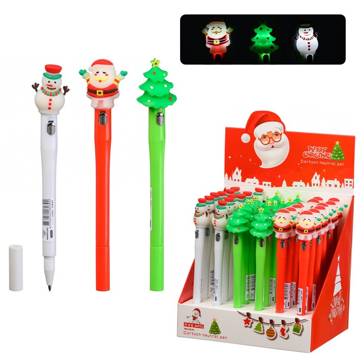 Шариковая ручка: детская "НОВОГОДНИЕ"; цвет. корпус /ассорти/, прорезиненный клип фонарик-Дед Мороз,