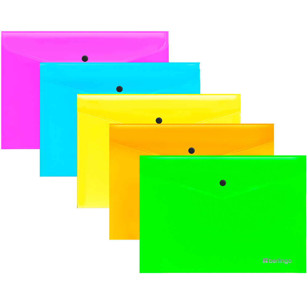 Папка-конверт на кнопке Berlingo "Neon" А4, 200мкм, ассорти неоновых цв. 352653
