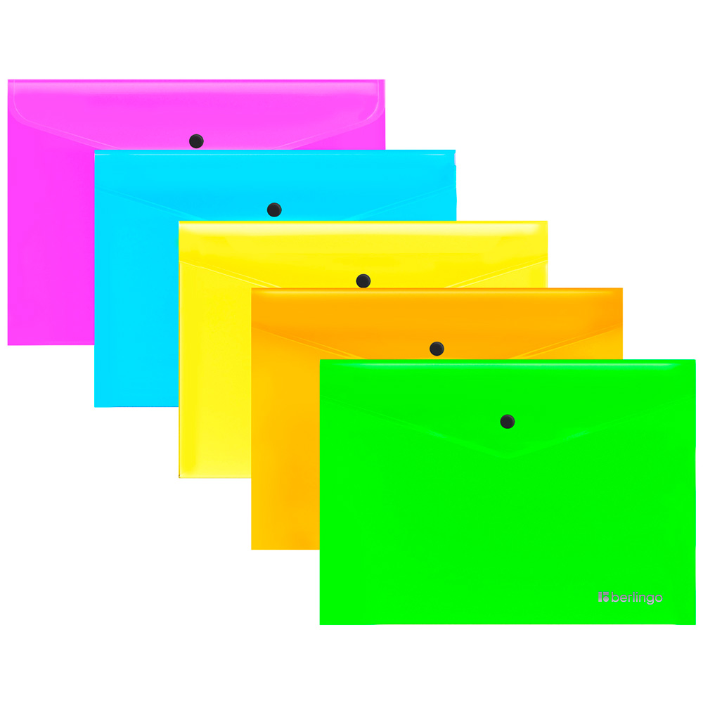 Папка-конверт на кнопке Berlingo "Neon" В5, 200мкм, ассорти неоновых цв. 352655